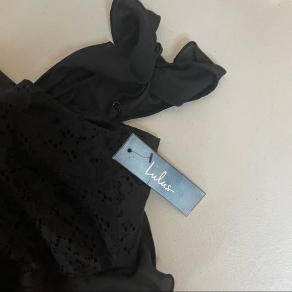 LULUS DANCE OF ROMANCE BLACK LACE COLD SHOULDER MIDI RUFFLE FLOUNCE FITTED DRESS - Picture 8 of 11